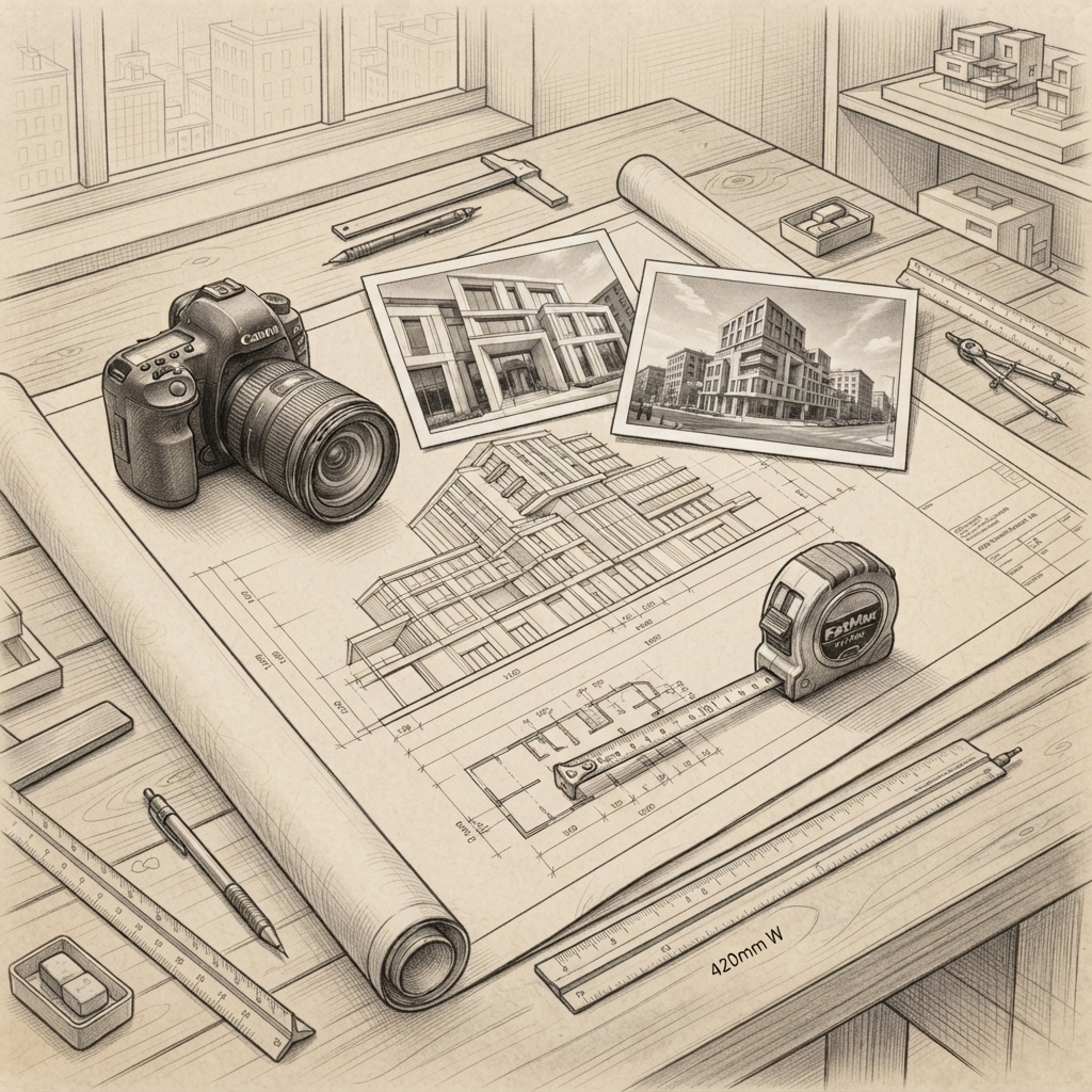 Documentation d’un projet architectural : relevé photographique, plans et références