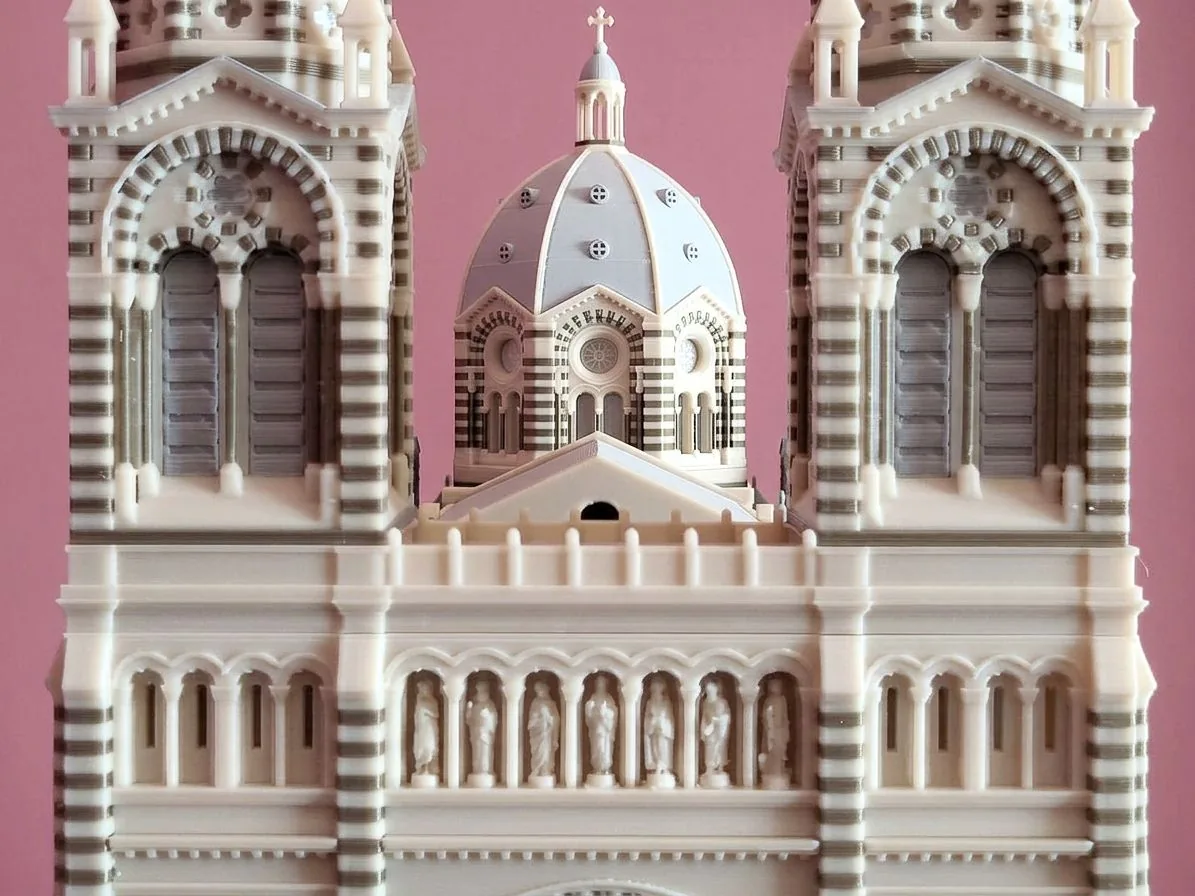 Detailed view of the 3D-printed model of the Cathédrale de la Major in Marseille