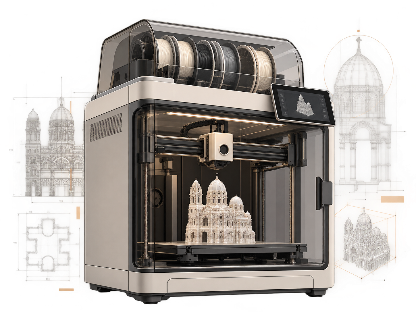 Technical illustration of a 3D printer producing an architectural model